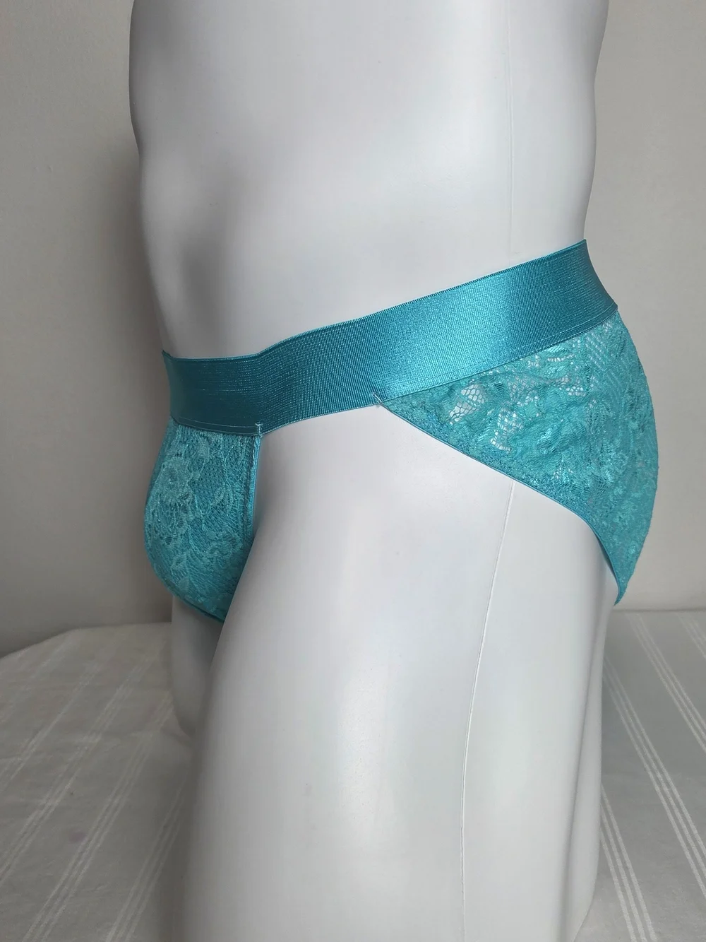 Cosabella Men's Low-Rise Lace Bikini Briefs in Teal Blue